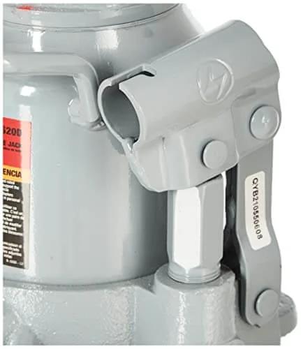 Close-up of Beefy 20 Ton Hydraulic Bottle Jack With Steel Lifting Saddle, Extension Screw, Bypass System And Heat Treated Stress Areas.