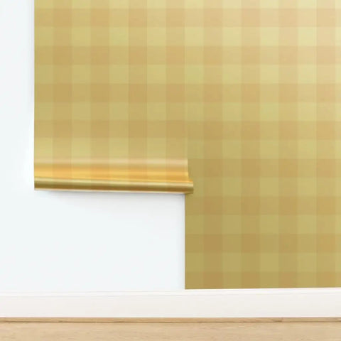 Top Shelf Buffalo Check Gold Metallic Wallpaper With Fibrous Texture For High End Indoor Spaces Paste The Wall Application Eco Friendly And Made In America Type I Wallcovering Class A Fire Rated rolled against the wall.