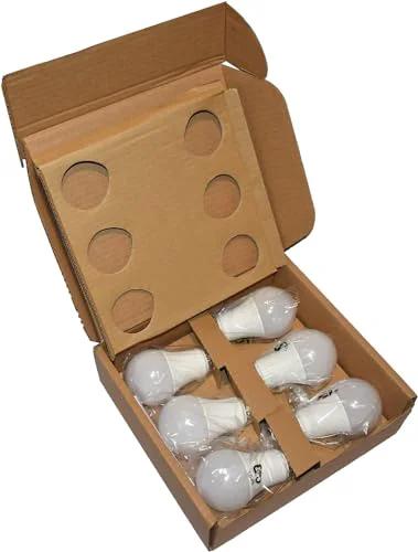 Open box of LED A19 Light Bulbs 9W 60 Watt Equivalent Dimmable Soft White 2700K E26 Base Energy Efficient Long Lasting 10000 Hour Lifespan 6 Pack