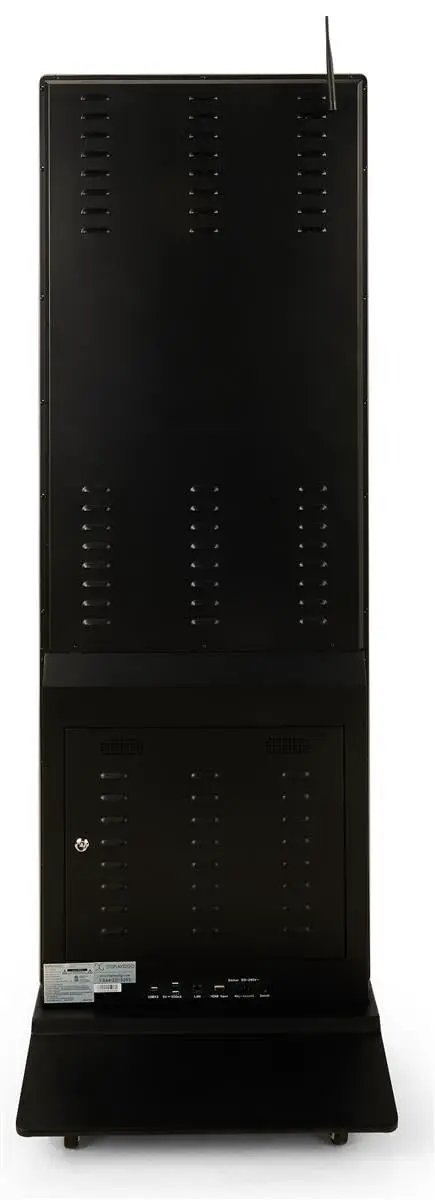 Slide A Slick 43 Inch Digital Display Advertising Floor Stand Into Your Spot For Legit 1080p Lcd Quality Smooth Android 11 Smart Features And Zero Stress Wifi Bluetooth Streaming Setup That Flows All Day rear view of a black freestanding digital signage display