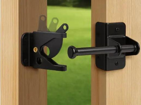 Heavy‑Duty Self‑Locking Automatic Gate Latch, Black Security Hardware for Wood and Metal Yard & Garden Fences mounted on wooden gate.