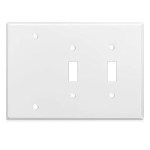 Three Gang Wall Plate With Two Toggle Holes And One Blank Cover Gloss White Stainless Steel Finish Standard Size 4.50 By 6.38 Inches Corrosion Resistant GFCI Outlet Receptacle Compatible Conceals Unused Switches For A Clean Look