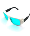 Top Tier Badass Laser Safety Glasses Featuring Heavy Duty OD4 Plus Filter And Crystal Clear Lenses for 635 Nm 650 Nm 694 Nm Red Lasers in white and blue design.