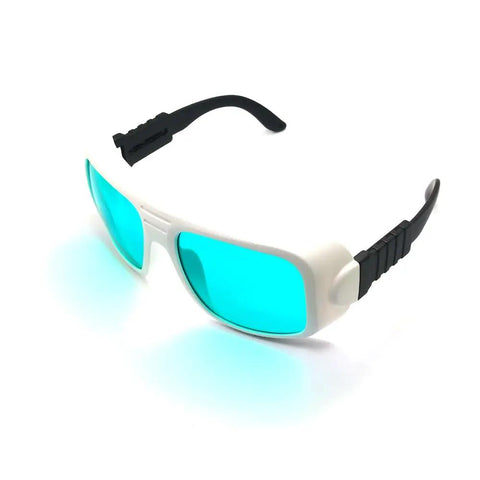 Top Tier Badass Laser Safety Glasses Featuring Heavy Duty OD4 Plus Filter And Crystal Clear Lenses for 635 Nm 650 Nm 694 Nm Red Lasers in white and blue design.