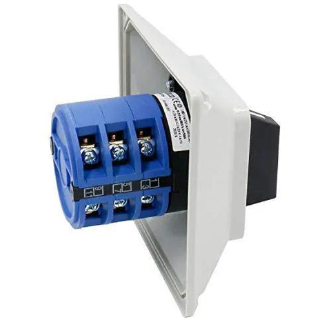 Three Phase Rotary Changeover Switch 40A 660V With 12 Terminal Universal Cam Selector Waterproof Exterior Box Manual Transfer Switch For Motor Control 3 Position 1 0 2 - side view showing blue and white terminals.