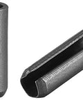 Two axial slotted spring pins 5mm x 16mm, smooth finish, 65Mn, with chamfered ends for DIY projects, close-up view.