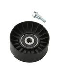 Top Tier Drive Belt Idler Pulley For Piaggio Sport City Cube 125 To 300 And Street SR 300 Scooters, black, with mounting bolt.
