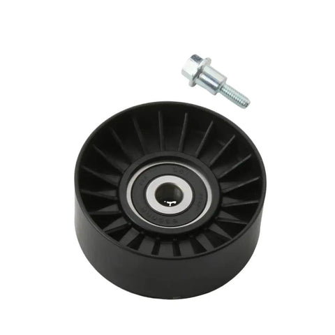 Top Tier Drive Belt Idler Pulley For Piaggio Sport City Cube 125 To 300 And Street SR 300 Scooters, black, with mounting bolt.
