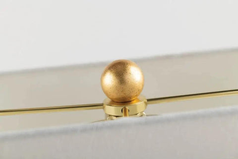 Top view of Brynn Jade Table Lamp With Aged Brass Trim, featuring a detailed brass finial and linen shade edge.