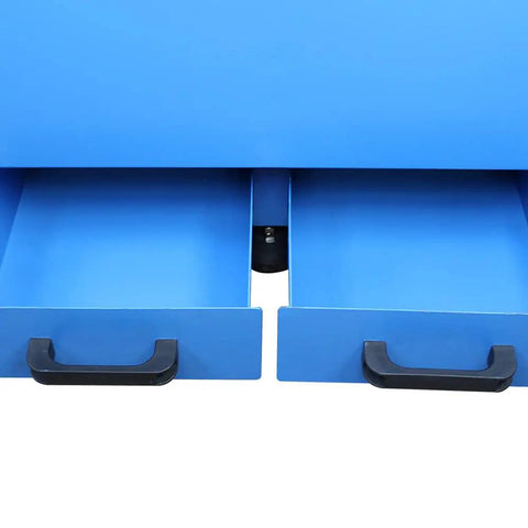 Open drawers of Built Damn Tough 61 By 23 Inch Metalworking Downdraft Table With Dual Motor Dust Collector Vacuum System.