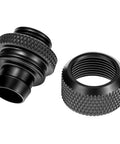 Two black knurled compression fittings for G1/4 water cooling systems; adapter and nut pair