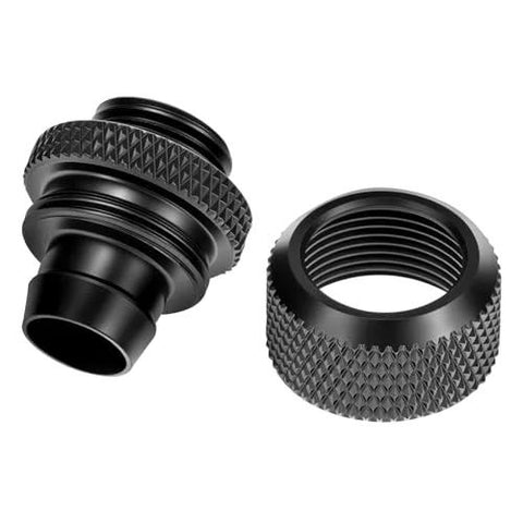 Two black knurled compression fittings for G1/4 water cooling systems; adapter and nut pair