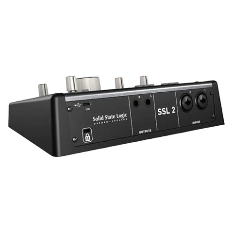 2x2 USB Audio Interface With Dual Mic Preamps, 32-Bit 192 kHz AD and DA, Legacy 4K Analog, rear view with outputs and inputs