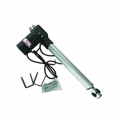Badass 24V DC Linear Actuator With Heavy Duty Mounting Bracket And Plug N Play Controller Nine Point Eight Inch Stroke Telescopic Rod 1320 Lbs Push Force Ip54 Weatherproof Shield shown from the side with cables.