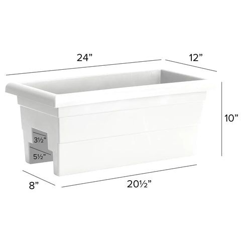White 24-inch Countryside Rail Planter for 3.5 to 5.5 inch railings, lightweight plastic, with drainage plugs, tool-free install