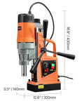VEVOR magnetic drill press, orange and black, with side handles and chuck on metal base