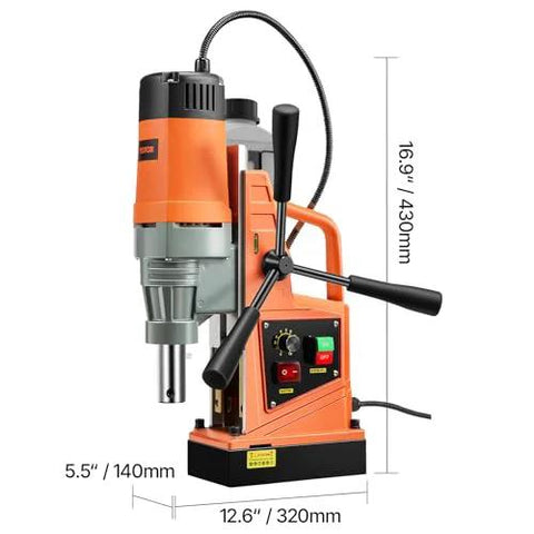 VEVOR magnetic drill press, orange and black, with side handles and chuck on metal base