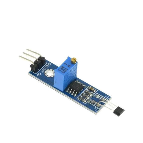 Straight Up Solid Hall Sensor Module For Speed Tracking And Revolution Counting With Magnetic Trigger Switch And Lm393 Comparator Board For Dc 5V Power And No Hassle Build Projects, compact size, blue PCB, adjustable sensitivity.