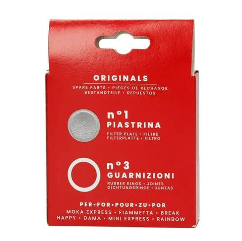Front view of Bialetti Originals spare parts box with filter plate and three gaskets for moka pots.