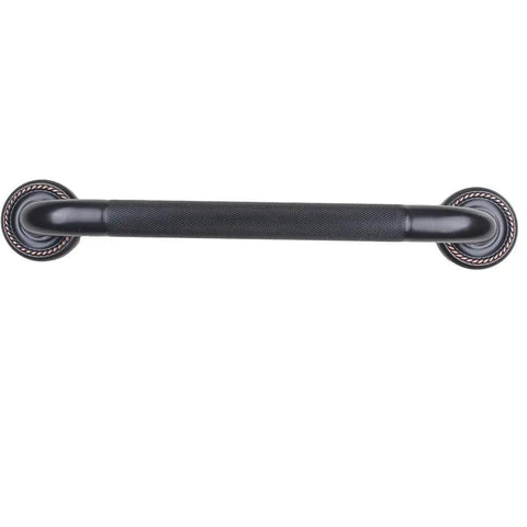 Heavy Duty 12 Inch Textured Grab Bar For Bathtub And Shower With Oil Rubbed Bronze Finish angled view showing non-slip grip and mounting bases.