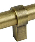 Close-up of a brushed antique brass cabinet bar handle from 10 Pack Brushed Antique Brass Cabinet Bar Handles Pull Knobs For Kitchen And Bathroom Cabinets 2-3/8 Inch Long With Solid Steel Construction 0.69 Inch Wide 1/2 Inch Bar Diameter 1-5/16 Inch Projection Includes 1 Inch Mounting Screws.