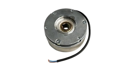 Electromagnetic brake for forklift equipment, round steel housing with central bore and black wiring (front view).