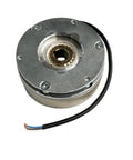 Front view of electromagnetic brake unit for forklifts; round metal housing with central bore and wiring