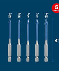 Bosch 5-piece porcelain tile drill bit set, 4-inch bits, front view with sizes 3/16, 1/4, 5/16