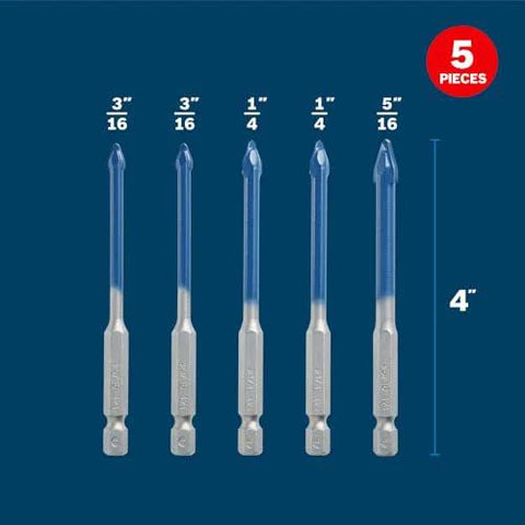 Bosch 5-piece porcelain tile drill bit set, 4-inch bits, front view with sizes 3/16, 1/4, 5/16