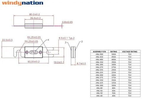 Technical diagram of Beefy ANL Fuse Holder With Two 200A Fuses, dimensions and ratings for RV Boat Truck Electrical Systems and Power Upgrades