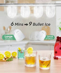 DUMOS bright black countertop ice maker with handle; bullet ice in two sizes (large 25×24mm, small 22×26mm).