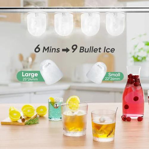 DUMOS bright black countertop ice maker with handle; bullet ice in two sizes (large 25×24mm, small 22×26mm).