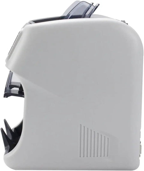 Bang For Buck Money Counter Machine With Advanced Counterfeit Detection in white, side view showing compact design and pockets.