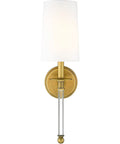 One Light Wall Sconce 808-1S-RB-WH Brass Finish, Dope Transitional Coastal Style with white shade and brass backplate