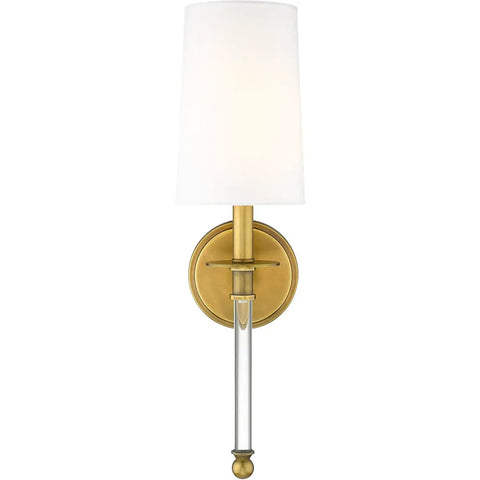 One Light Wall Sconce 808-1S-RB-WH Brass Finish, Dope Transitional Coastal Style with white shade and brass backplate