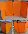 Three Panel Lightweight Welding Screen Spark Barrier for garage shop or factory, tool free assembly portable safety partition, close-up view.