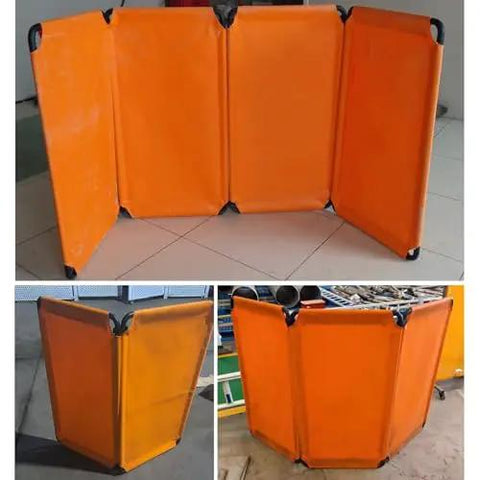 Three Panel Lightweight Welding Screen Spark Barrier for garage shop or factory, tool free assembly portable safety partition, close-up view.