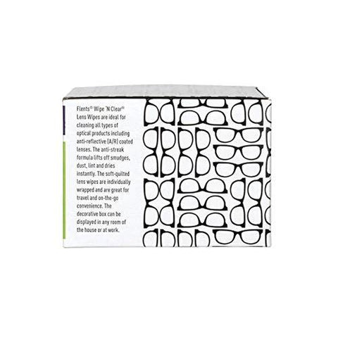 Flents Wipe N Clear lens wipes box, front view, glasses-pattern design, travel-friendly packaging.