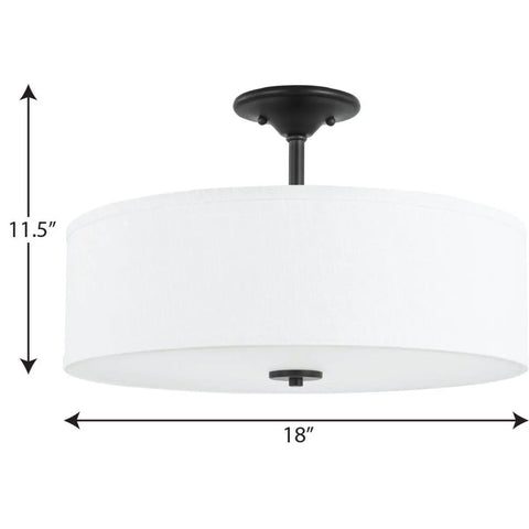 Graphite Three Light Semi Flush Ceiling Mount Fixture From Inspire Collection, 18-in diameter, 11.5-in height, linen shade