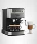 Semi-Automatic Espresso Machine With 15 Bar Pressure, Grounds Or ESE Pods Compatible, Built-In Milk Frother displayed with coffee cups