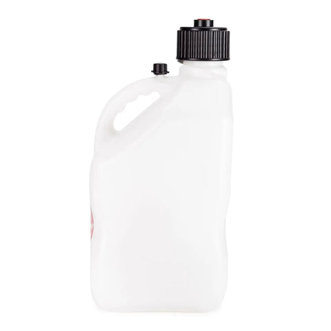 5.5 Gallon Motorsport Liquid Container Jug With Contoured Handle Multipurpose Cap And Rubber Gaskets White Ideal For Auto Fluids Non Potable Water And Outdoor Use, side view