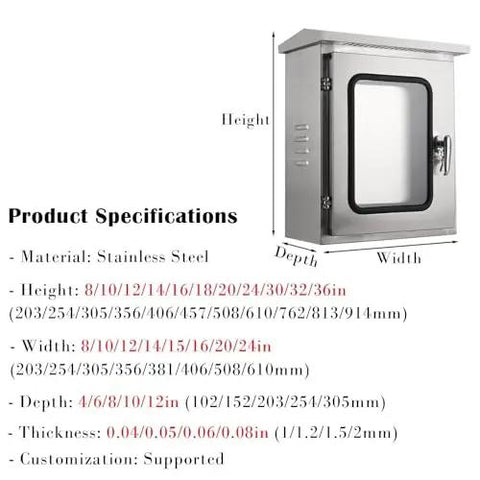 Heavy Duty Waterproof Stainless Steel Electrical Enclosure Box For Outdoor Commercial Use 20x16x6 Inches front view with specifications
