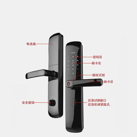 Top Shelf Fingerprint Smart Lock With Snappy Setup For Home And Office Doors featuring touch entry, USB port and labels.