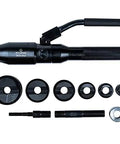 Lightweight Tuff Hydraulic Knockout Punch with Swivel Head and Type C Punch Die Set, includes various round punches and tools.