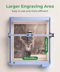 Front view of Creality Falcon laser engraver with blue frame and clear lid, showing a deer engraving on wood inside a 400×415 mm work area.