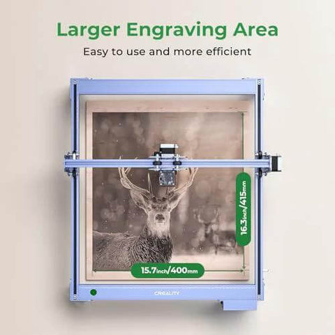 Front view of Creality Falcon laser engraver with blue frame and clear lid, showing a deer engraving on wood inside a 400×415 mm work area.