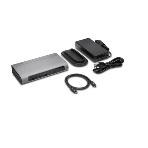 Heavy Duty Thunderbolt 3 And Usb C Docking Station Delivers Crisp Dual 4K Video And 100W Fast Charge Blazing Data Sync Built Solid For Windows And Mac Daily Hustlers with power adapter and cables.