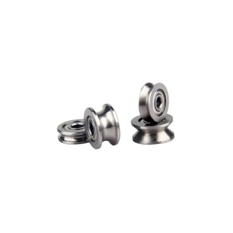 Ten Pack Of Super Smooth Deep Groove Mini Bearings For Wire Guide Tracks And Over Line Pulleys With V Groove Design on a white background.