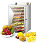 Heavy Duty Stainless Steel Commercial Food Dehydrator For Straight Up Perfect Jerky And Crispy Snacks With Dual Fan Heating and reliable digital timer control, displaying layers of dried fruits.