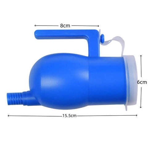 Blue plastic male urinal with measurements, 15.5cm length, 8cm handle, 6cm opening diameter. Clear Corrugated Urine Bottle Tube Replacement 1.6M 63Inch For Male Urinal System Spare Pee Bottle Tube Durable Plastic Easy Install Travel Friendly Great For Home Care And Medical Use.